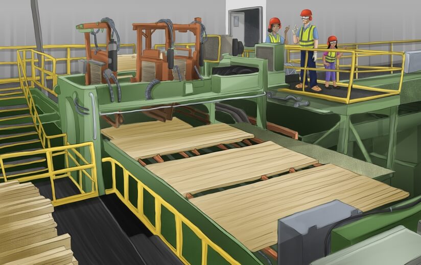 A female worker demonstrating the production of wood beams.