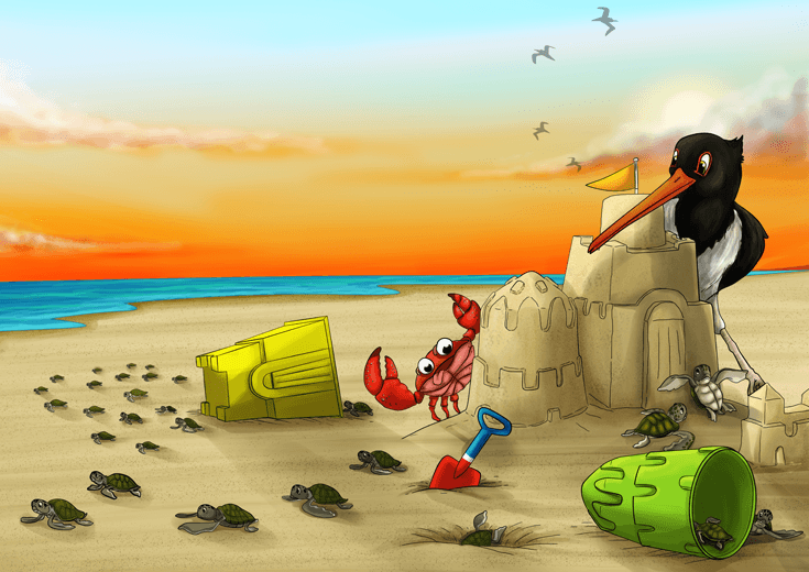 A crab and a bird watching hatchlings move towards the sea.