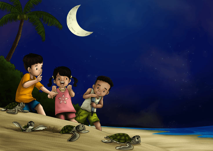 Children watching turtle hatchlings making their way to the sea at night.