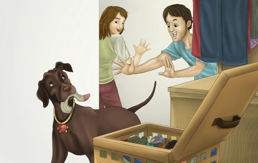 A dog being caught mid-action while taking a sock from a laundry basket.