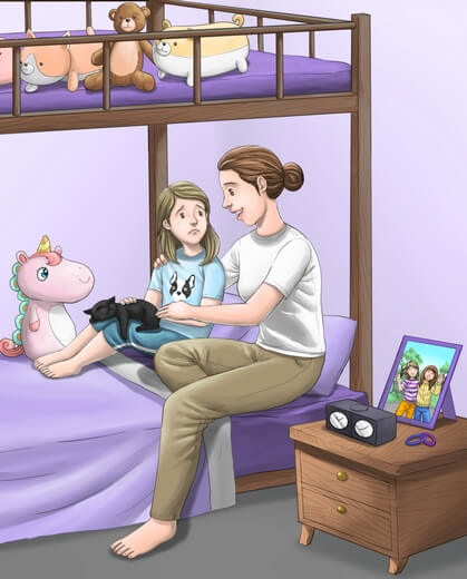 A mother comforting her sad daughter in her bedroom.