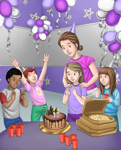 A girl celebrating her birthday with her mother and friends.