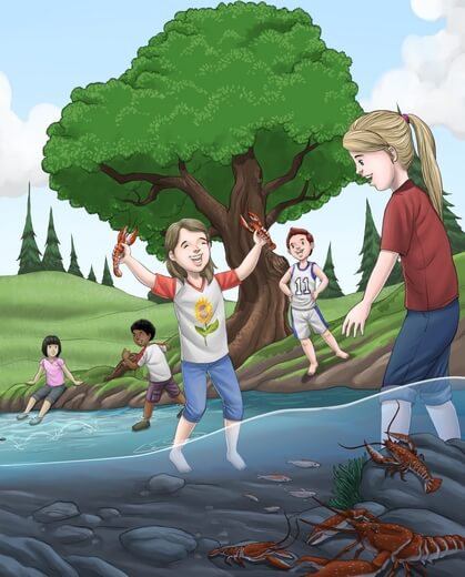 Friends having fun in a river behind a house.