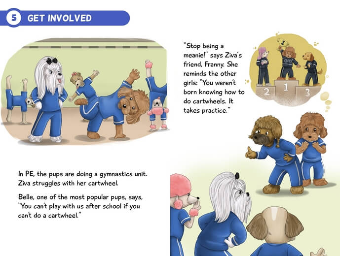 A student telling her friends not to exclude a weaker-looking student.