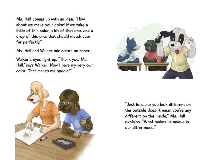 Dog students being taught about diversity in color and breed.