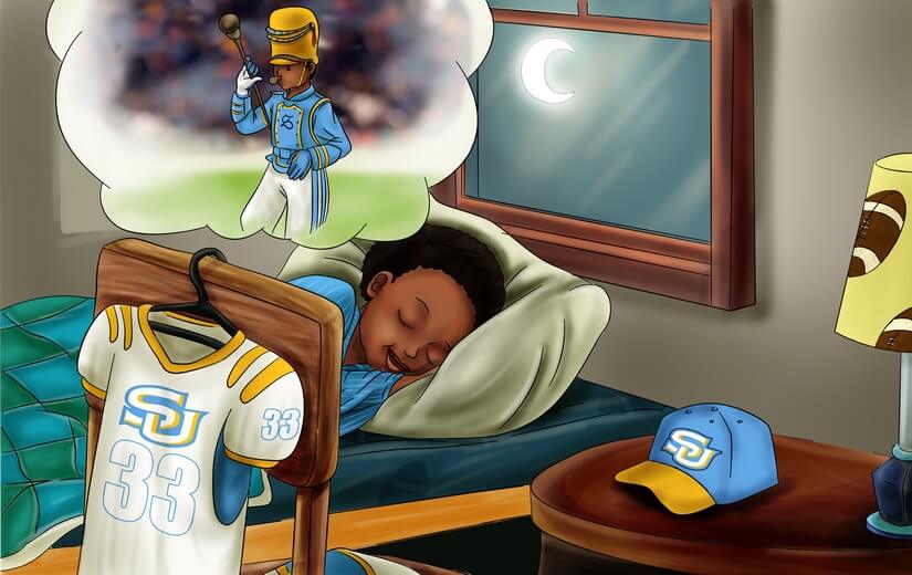 A boy imagining himself as the drum major for his football team's band.