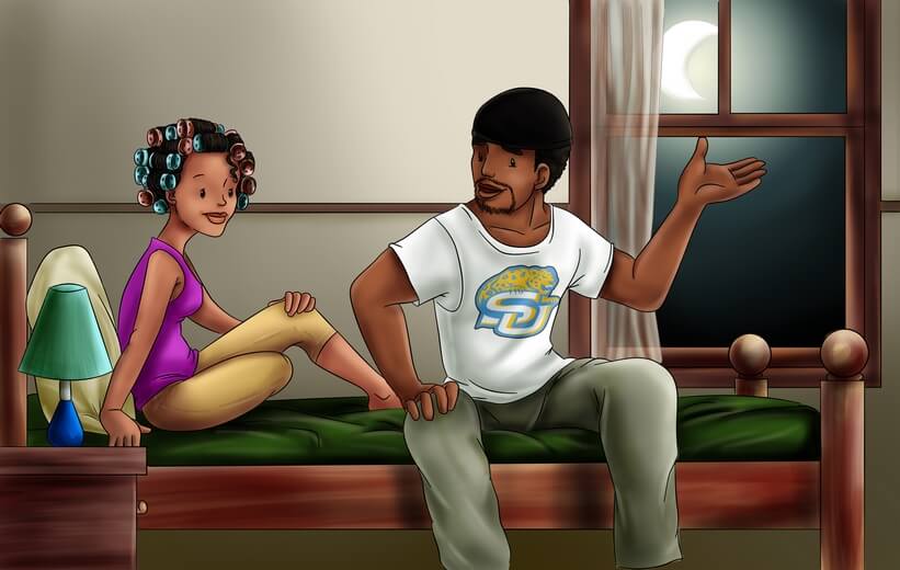 A father and mother discussing the upcoming football match.