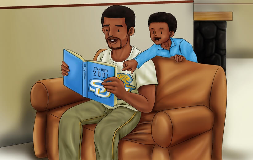A father showing his school yearbook to his son.