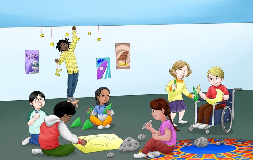 Students being instructed by a teacher on crafting a rocket from cardboard.