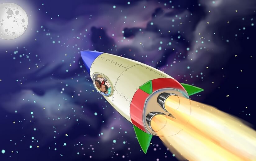 Students role-playing as astronauts inside a rocket flying to the moon.