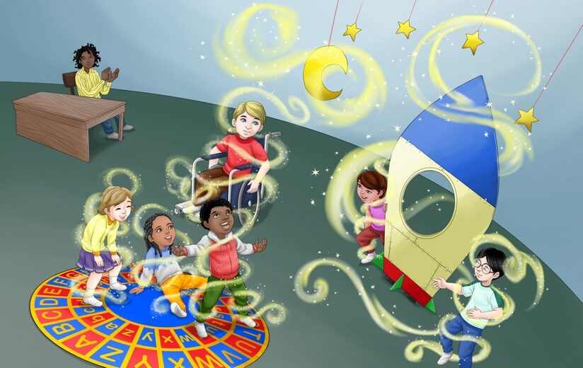 Students back in their classroom, having completed a pretend moon mission.