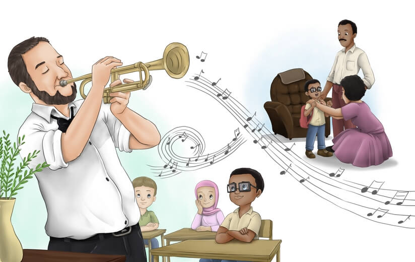 A boy listening to his teacher play the trumpet and developing a love for the instrument.