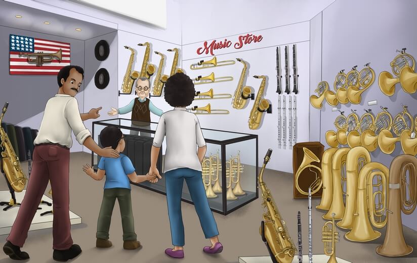 A family visiting a music store, looking at various wind instruments.