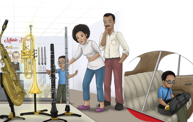 Parents at a music store with their son, purchasing a trumpet for him.