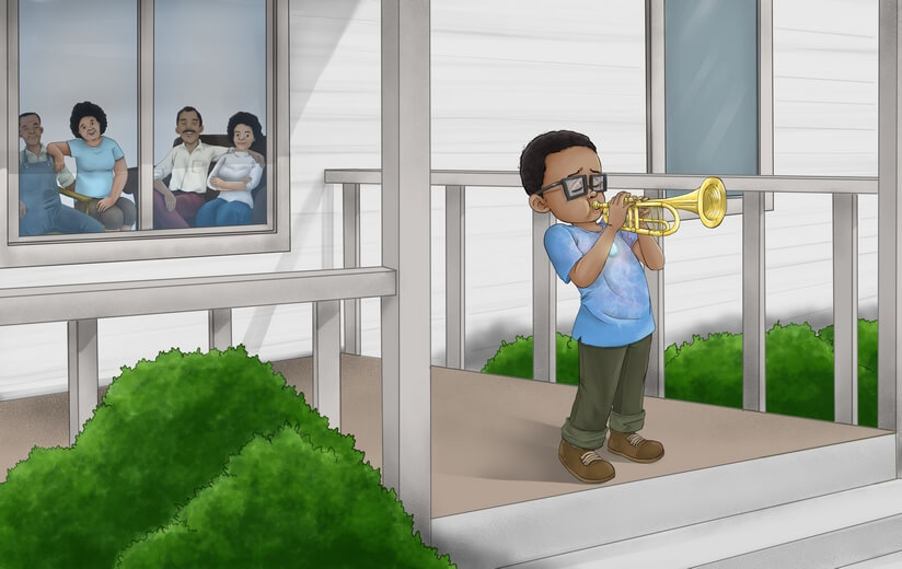 A boy practicing trumpet on the porch, while his parents and grandparents listen from inside.