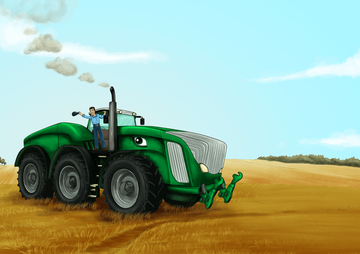 Driver and Rex the tractor in a field on an afternoon.