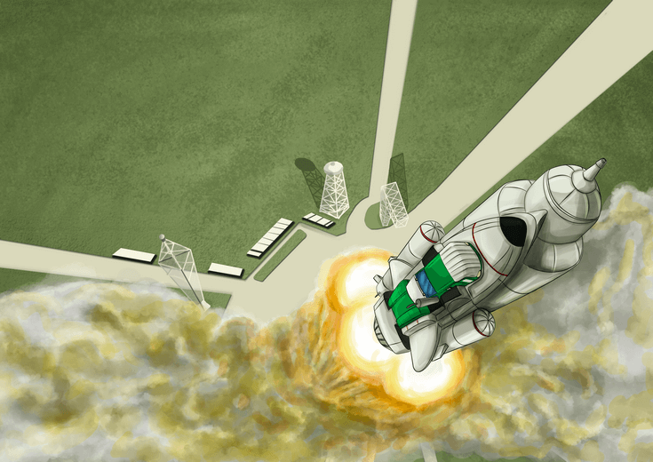 Rex the tractor attached to a rocket launching into space.