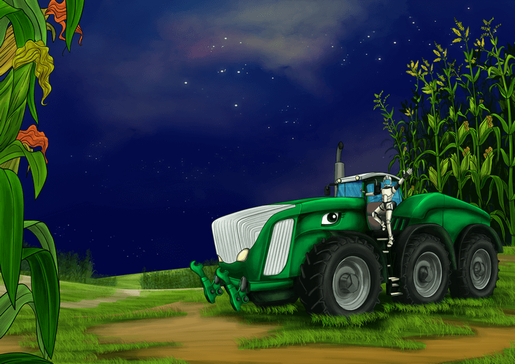 Driver and Rex the tractor in a cornfield on another planet.
