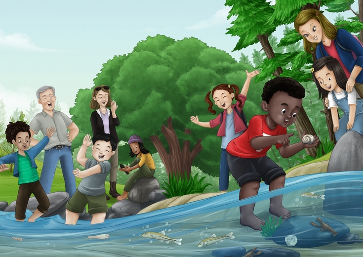 Multiracial group of children playing in a creek.