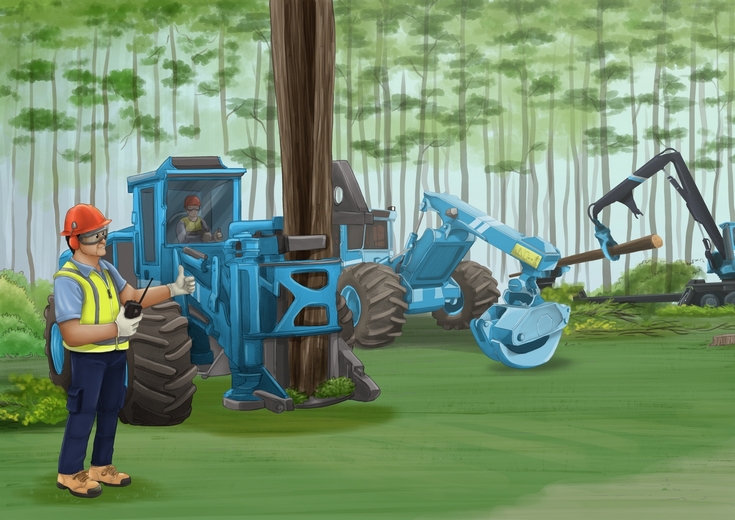 Man showing the scale of tree-felling machines in a managed forest.