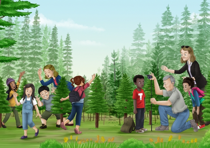 A man comparing the height of children to a young tree.