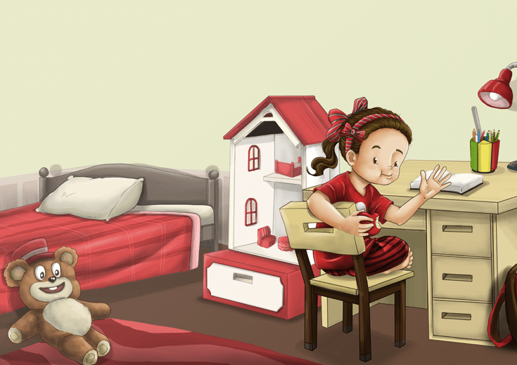 A girl inside her red-dominated bedroom.