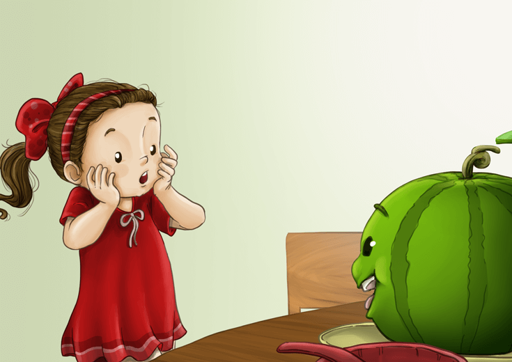 A girl who loves red expresses surprise when her mom makes her eat green watermelon.