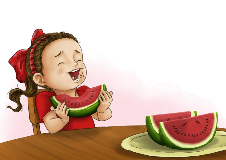 A girl happily eating watermelon after discovering its red interior.