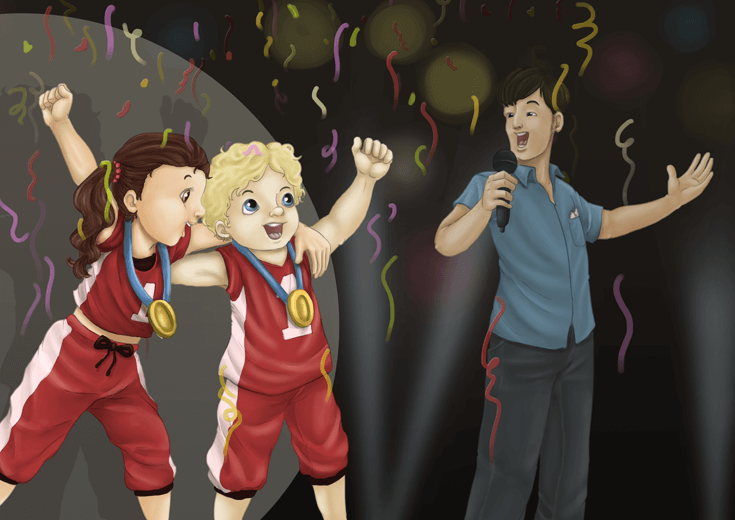 A boy and his friend celebrating their win at a dancing competition.