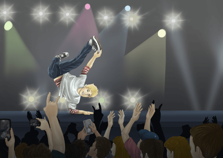 A teenager performing breakdance in front of an audience.