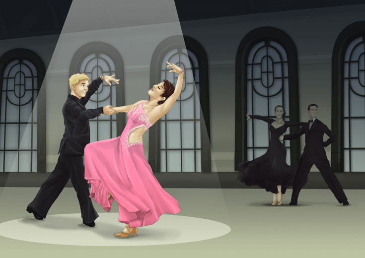 A man and his female partner performing a classic dance in a ballroom.