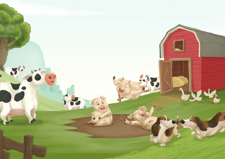 A jumbled scene of farm animals enjoying themselves, creating a commotion.