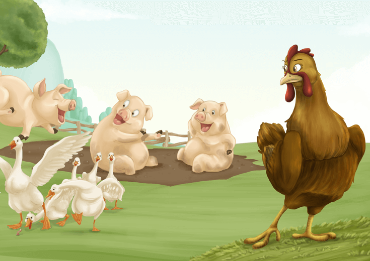 A displeased hen observing her farm animal friends making a mess.