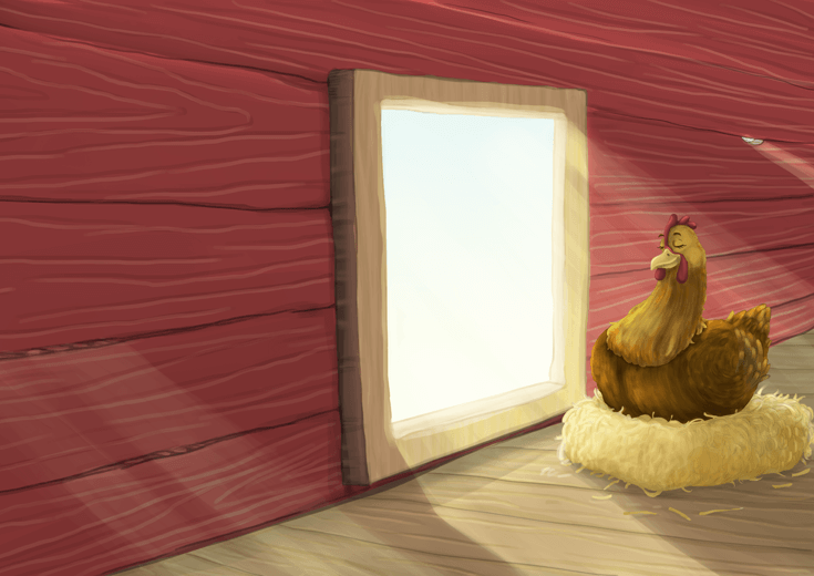 A hen in an attic corner, engaged in zen meditation.