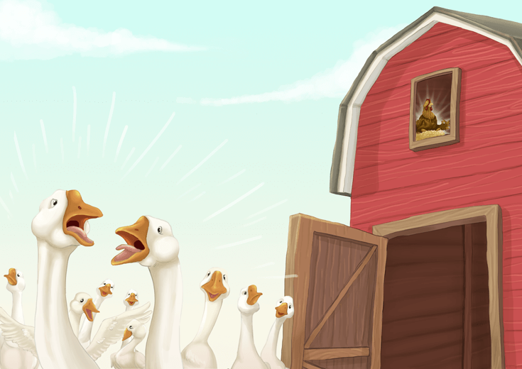 A hen in peaceful zen meditation, ignoring the commotion outside the barn.