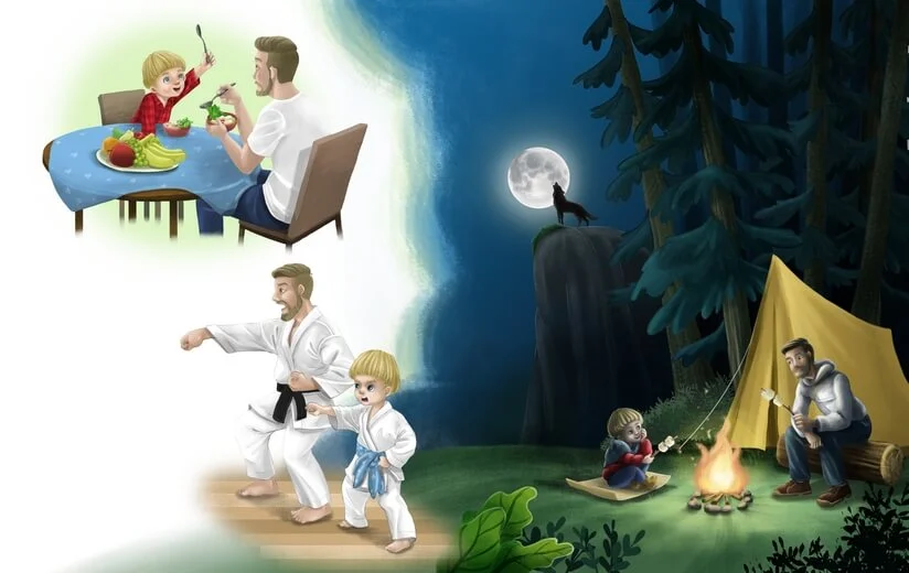 A father and son spending quality time together, engaging in different activities.