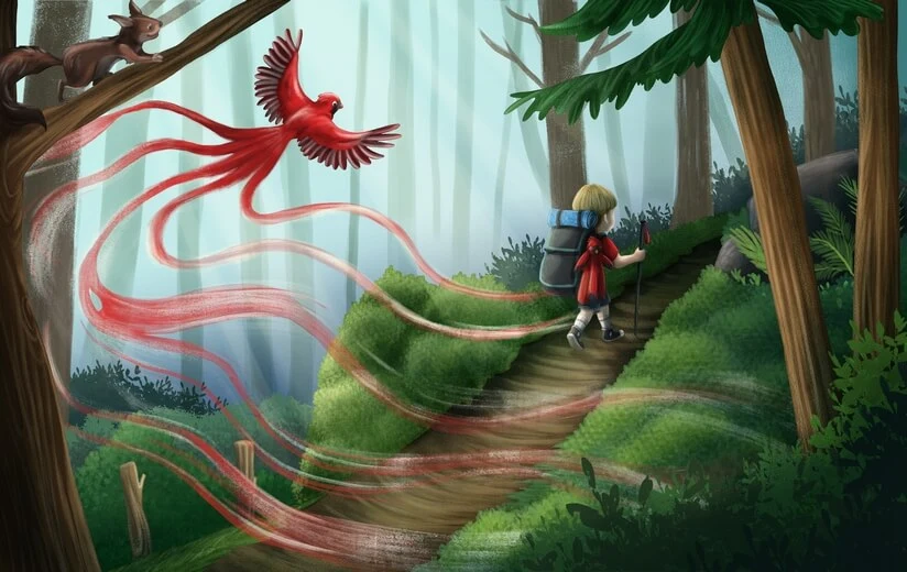 A boy walking on a forest path with a red cardinal flying overhead.