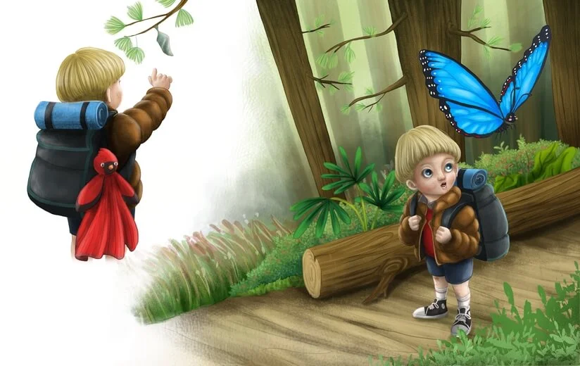 A boy observing the metamorphosis of a chrysalis transforming into a butterfly.