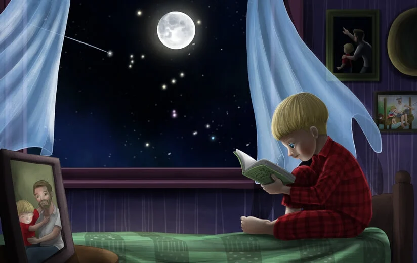 A boy reading a book by a window, with a full moon and starry night sky visible outside.