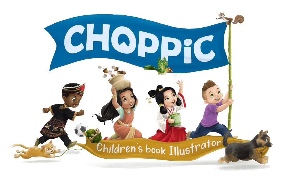 Multiracial children with a Choppic flag and a dog with a "Children's Book Illustration" banner on the Choppic homepage.