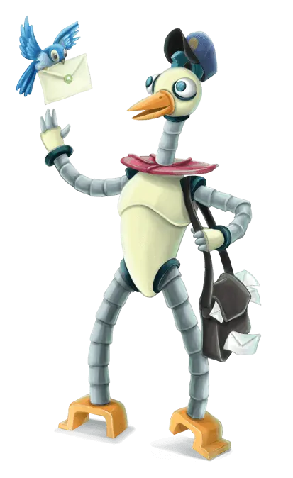 A robot postman delivering a message to Choppic.