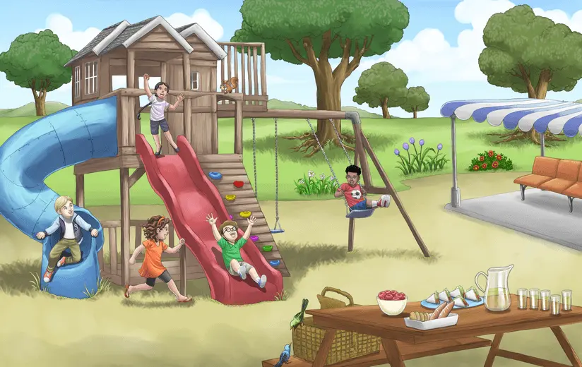 Multiracial friends enjoy a fun-filled day playing together at the playground.