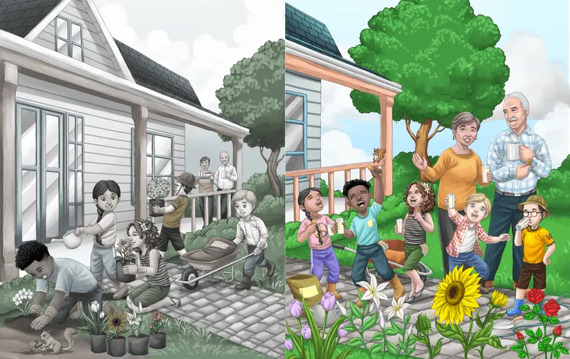 Multiracial friends lend a hand with gardening to support an elderly couple.