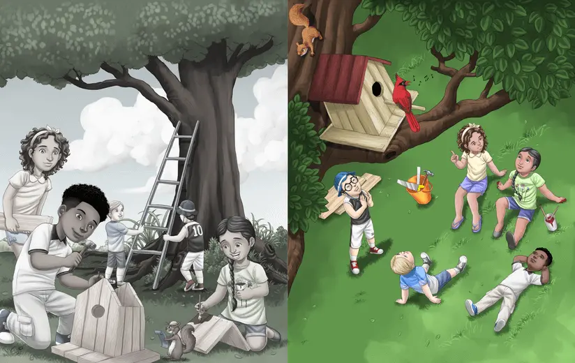 Multiracial friends work together to build a birdhouse and hang it high on a tree for the birds to enjoy.