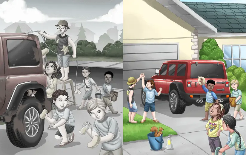 Multiracial friends team up to help a young boy wash his father’s car, turning chores into fun.