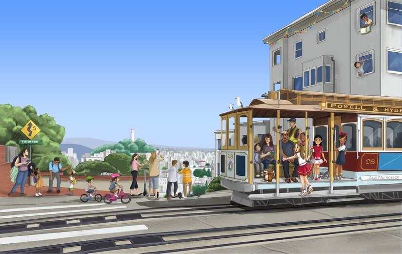 Freddie and her friends riding cable car in San Francisco