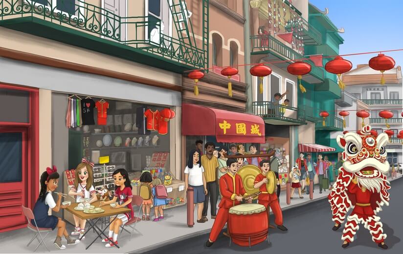 Freddie and her friends eating snack in Chinatown San Francisco