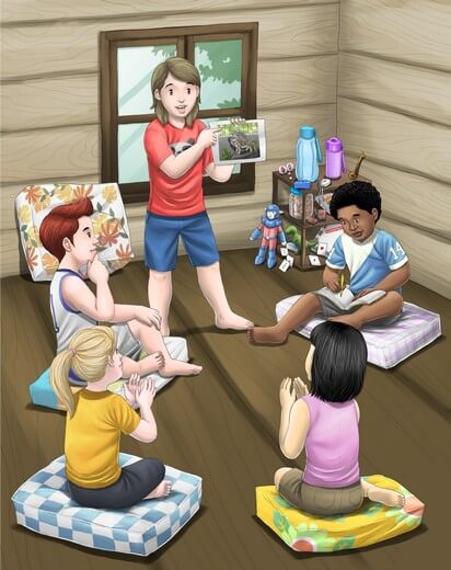 A girl and her friends working on their presentation inside their tree house