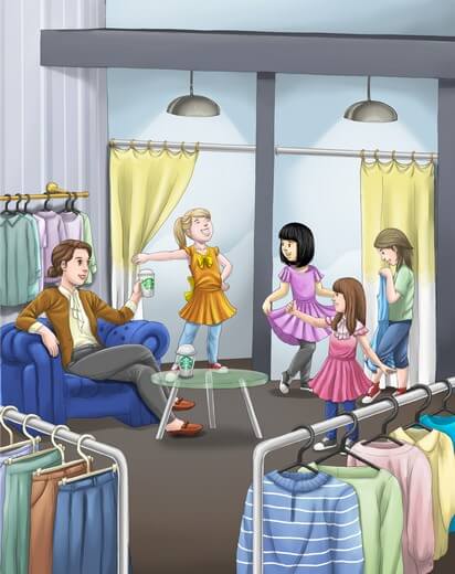 A girl and her friends trying new clothes in a shopping mall