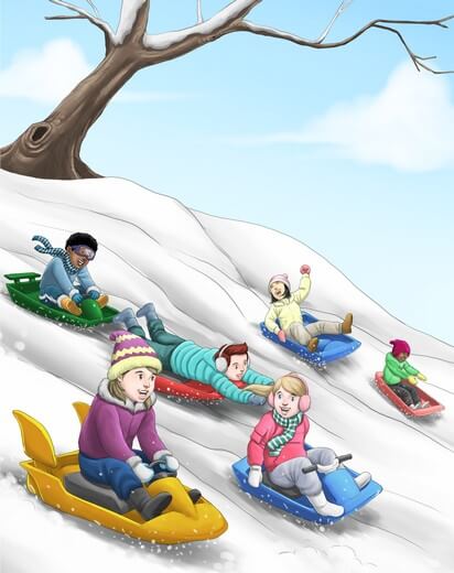 A girl and her friends riding ice sleds